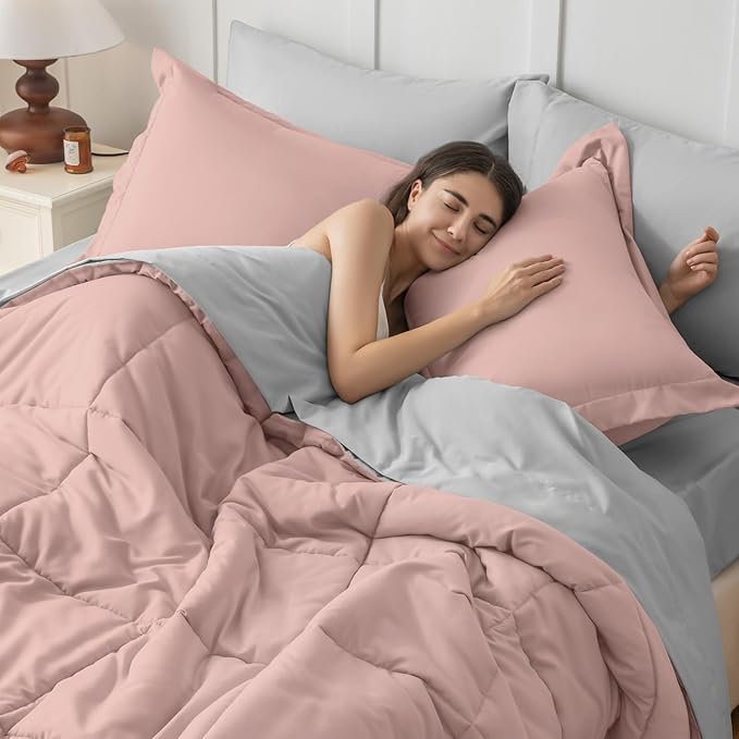 JOLLYVOGUE Queen Comforter Set, Ultra-Soft Bed in a Bag Queen Size 7 Pieces, Oeko-TEX Certified Bedding Set with Down Alternative Comforter, Sheets, Pillowcases & Shams, Pink & Light Grey
