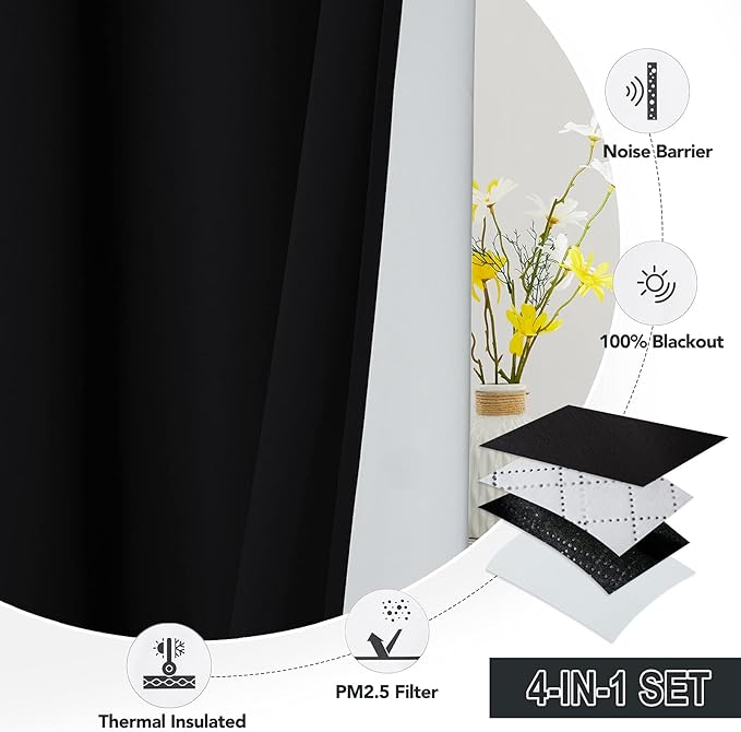 RYB HOME 4-in-1 Dust Filtering Soundproof Blackout Insulating Privacy Window Curtains for Nursery Bedroom Living Room Rivider Sound Absorption Sheet, Black, W52 x L90 inch, 2 Panels