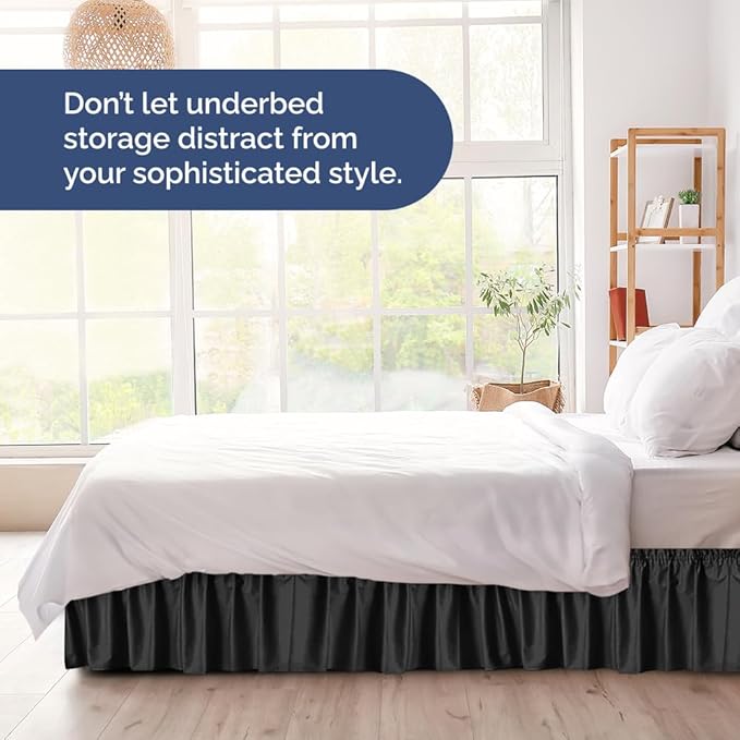 Wrap Around Dust Ruffle Bed Skirt - Black - for King Size Beds w/ 14 Inch Drop - Easy Fit Elastic Strap - Adjustable Pleated Bedskirt w/Brushed Fabric, Wrinkle & Fade Free Women, Men, Kids & Teens