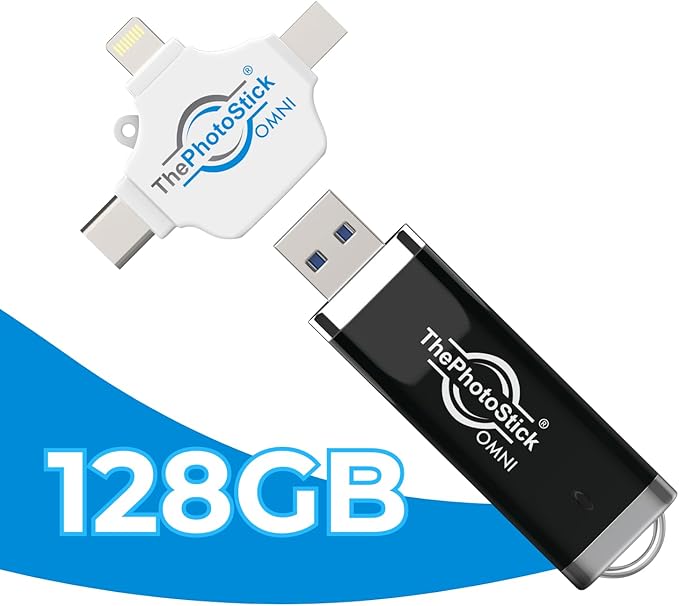 ThePhotoStick® Omni 128GB (2 Pack) - Photo & Video Backup and Transfer | Digital File Organizer | USB & Multiport Connection for Phones, Tablets and Computers | Portable Memory | External Storage