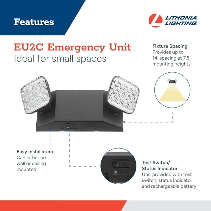 Lithonia Lighting Basics LED Emergency Light, Emergency Lighting with Dual Adjustable LED Lamp Heads, Wall Mount, Damp Location Rated, 90-Minute Backup, MVOLT, Black (EU2C B MVOLT M6)