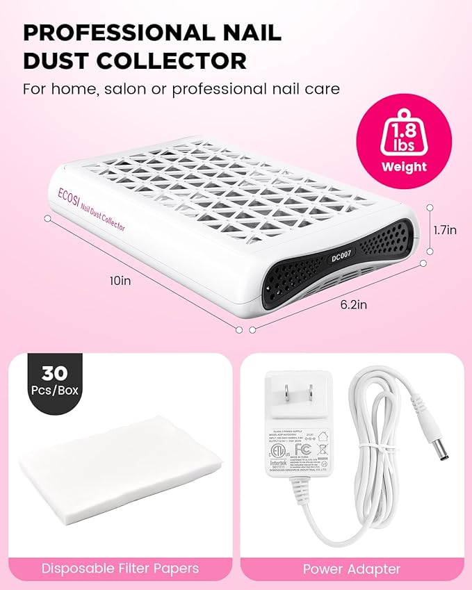 ECOSI Nail Dust Collector, Dual Turbo & 1600PA Professional Vacuum Fan Dust Extractor with 30 Pcs Filter Papers, 8000RPM Stepless Adjustable Suction for Manicure, Salon Nail Tech & Home (White)