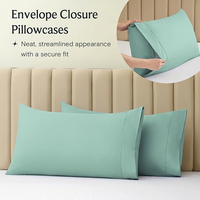 LuxClub 4 PC Queen Sheet Set, Deep Pockets Wrinkle Free Cooling Bed Sheets Hotel Bedding for Women, Men, Includes 1 Fitted Sheet, 1 Flat Sheet and 2 Pillowcases-Silky Soft Light Teal