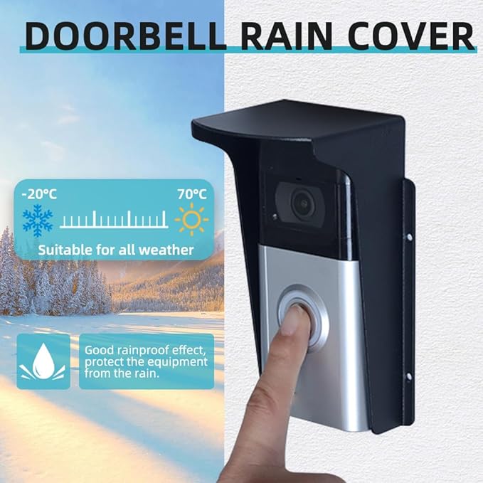 Doorbell Rain Cover Weatherproof,Anti Glare Sun Shade Protection,Fingerprint Lock Waterproof Cover,Black Metal Outdoor Access Control Keypad Cover, Compatible with Ring/Google/Arlo/Kasa/Eufy/Kamep