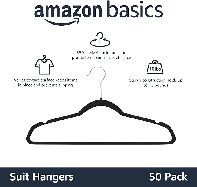 Amazon Basics Slim, Velvet, Non-Slip Suit Clothes Hangers, Pack of 50, Black