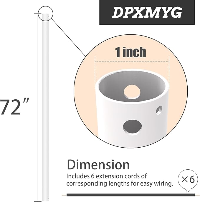 DPXMYG 72 inch Ceiling Fan Downrod with Extension Cord, 6 FT White Downrod for Ceiling Fan, 1 inch Outside Diameter, Ceiling Fan Boom Suitable for a Wide Range of Fans (White, Not Threaded)