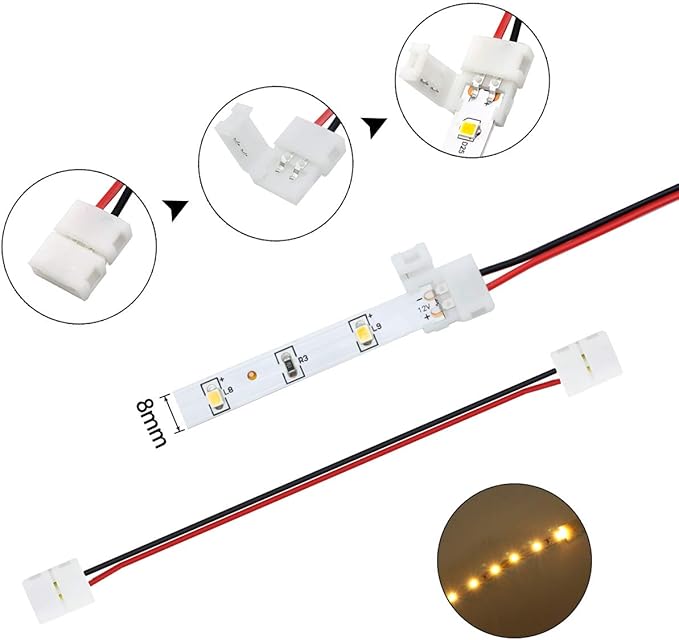LightingWill 10pcs/Pack Strip to Strip with Wire Solderless Snap Down 2Pin Conductor LED Strip Connector for 8mm Wide 3528 2835 Single Color Flex LED Strips