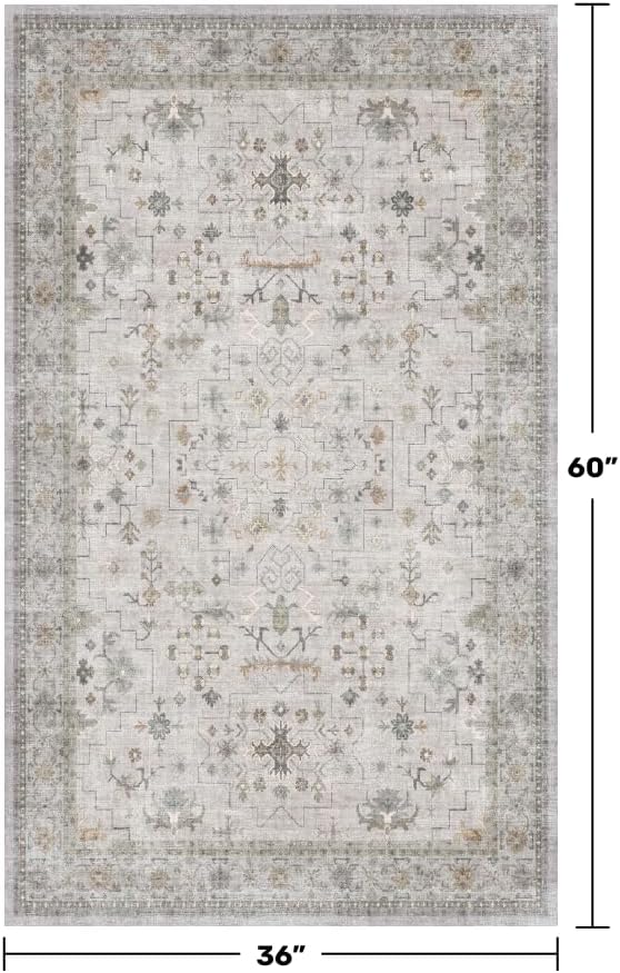 Washable 3x5 Large Bathroom Rug - Neutral Boho Geometric Area Rugs for Entryway, Kitchen, Bedroom Beside Bed, Laundry, Modern Vintage Eclectic Light Gray & Sage Floral Decor, Low Pile & Non-Slip Stain - Image 2