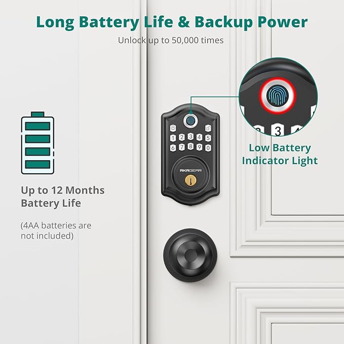 AkaGear DS10 Keyless Entry Door Lock with Door Knob, Fingerprint Door Lock, Electronic Keypad Deadbolt, Smart Door Lock, Smart Locks for Front Door, Auto-Lock - Matte Black