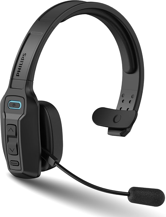 Philips Trucker Bluetooth Headset with Mic, Wireless Single Ear Trucker Headset with AI Noise-Canceling Microphone & Mute Button, All Day Extended Playtime, Headphones for Truck Drivers, Home, Office
