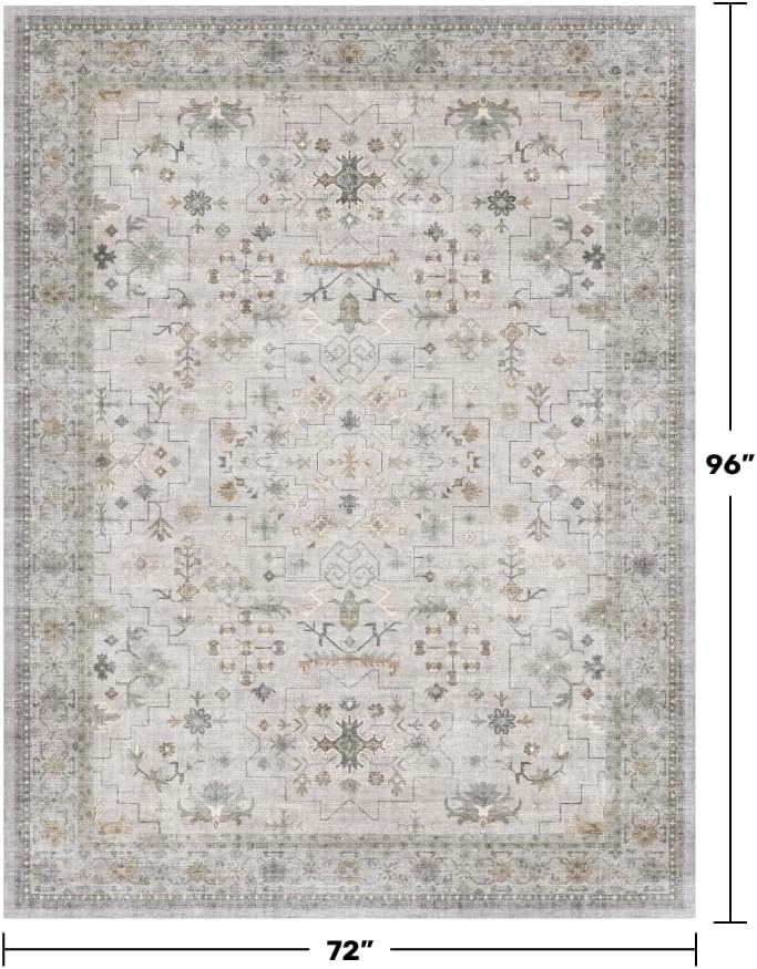 Boho Light Gray & Sage 6x8 Living Room Rug - Washable Large Area Rugs for Dining Under Table, Neutral Geometric Floral Bedroom Carpet, Modern Vintage Low Pile Stain Resistant - Image 2