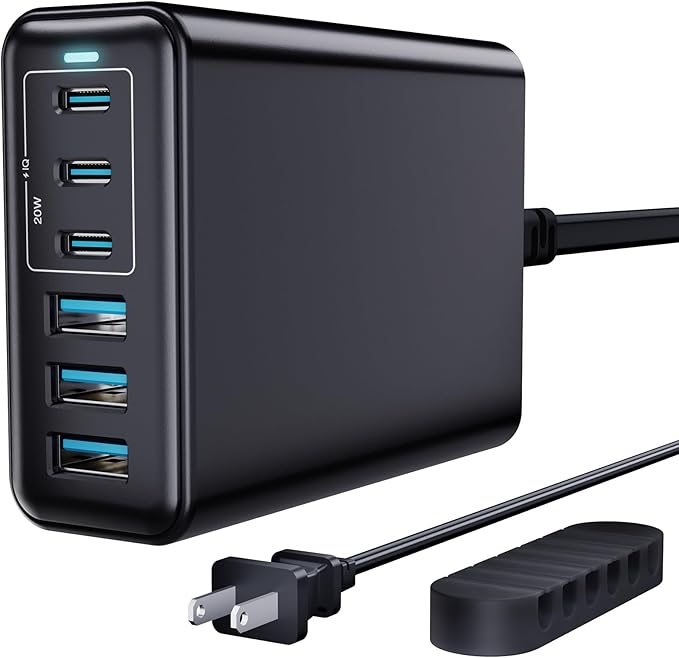 USB C Fast Charger, 105W GaN 6-Port Desktop USB Charging Station Hub, USB C Charger Block Wall Charger for iPhone 17/16/15/14/13/12/11, iPad, Samsung and More (Cable Organizer Included)