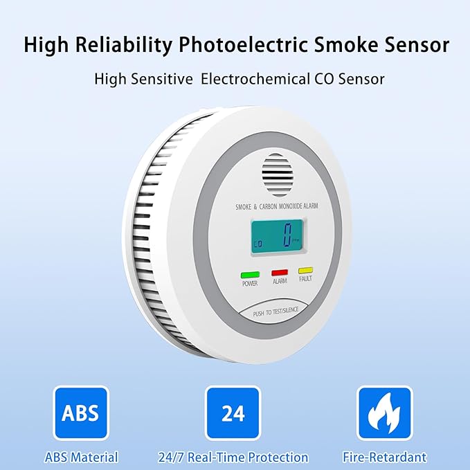 Virtue Sensor Smoke & Carbon Monoxide Detector, 2-in-1 CO Detector Alarm for Home Garage RV with LCD Display Safety Alarm System Audible and Visual Alert