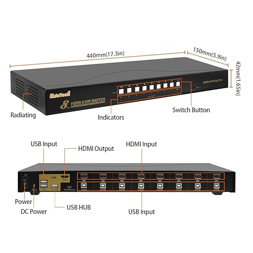 JideTech HDMI USB KVM Switch 8 Port Up to 4K@30Hz Resolution with USB 2.0 Hub Support Hotkey Mouse Switching for Linux, Windows, Mac, Unix