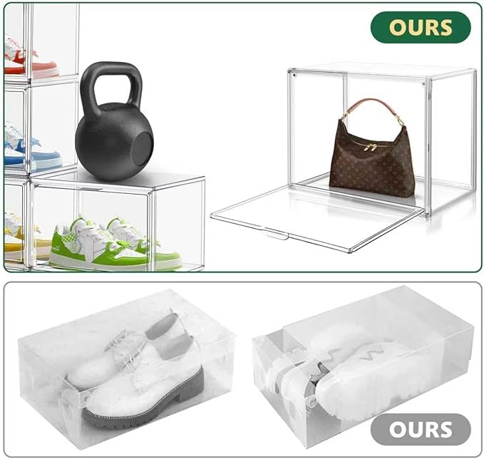 6 Pack X-Large Acrylic Display Case, Size 14 Clear Shoe Box Stackable Sneaker Display Case with Magnetic Lid Multipurpose Storage Bin for Closet for Purses, Handbags, Cosmetics, Collectibles