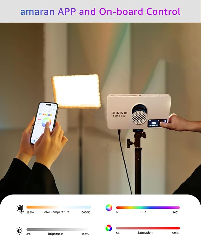 amaran Pano 60c Kit,Compact 60W RGBWW Full Color Panel Light,Support USB-C PD,CCT 2,300K-10,000K,12 Lighting Efects,APP Control w/Softbox Carrying Case Studio Light Photography Lighting (Charcoal)