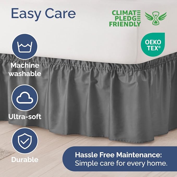 Wrap Around Dust Ruffle Bed Skirt - Dark Grey - for Queen Size Beds w/ 14 Inch Drop - Easy Fit Elastic Strap - Adjustable Pleated Bedskirt with Brushed Fabric, Wrinkle Free Women, Men, Kids and Teens