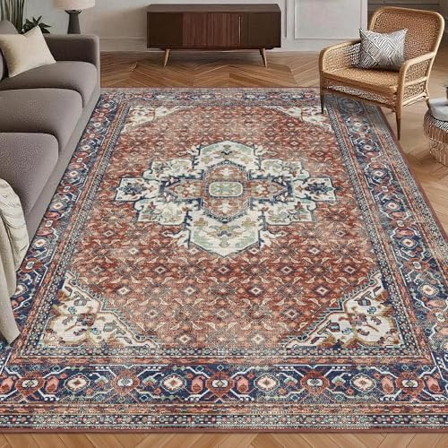 Washable Area Rug 8' x 10' Vintage Traditional Persian Mat - Foldable Distressed Non-Slip Machine Washable Carpet for Living Room Bedroom Kitchen Home Decor - Terracotta and Navy by Unknown