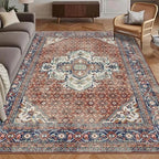 Washable Area Rug 5' x 7' Vintage Traditional Persian Mat - Foldable Distressed Non-Slip Machine Washable Carpet for Living Room Bedroom Kitchen Home Decor - Terracotta and Navy by Unknown