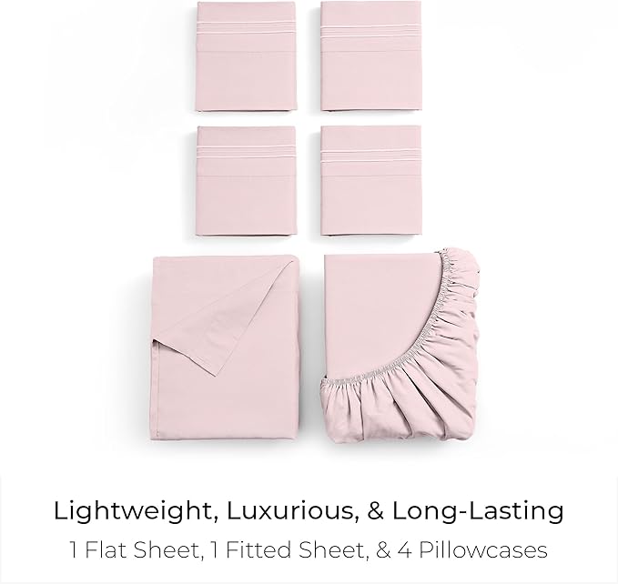 Mellanni King Sheet Set - 6-Piece Iconic Collection Bedding, (Including 4 Pillowcases), 16-Inch Deep Pocket, Easy Care, Extra Soft, Cooling Sheets, Brushed Microfiber - Blush Pink