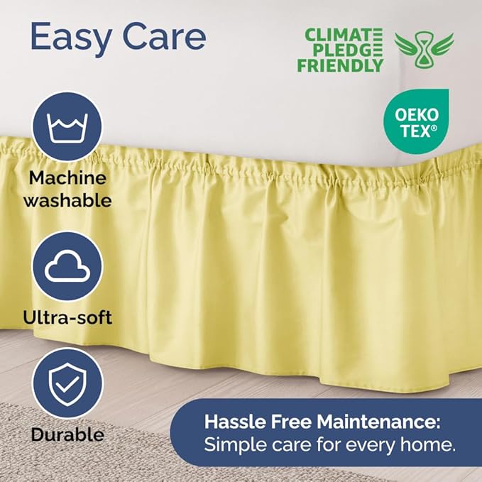 Wrap Around Dust Ruffle Bed Skirt - Yellow - Twin/Twin XL Size Beds with 24 Inch Drop - Easy Fit Elastic Strap - Adjustable Pleated Bedskirt w/Brushed Fabric - Wrinkle Free - Women, Men, Kids & Teens