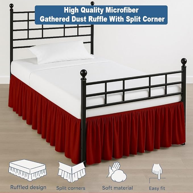 Ruffled Bed Skirt Split Corners with Platform, Tailored Fit Hotel Quality Wrinkle Free Ultra-Soft Microfiber Dust Ruffle, Upto 28 Inch Drop, Twin, Burgundy
