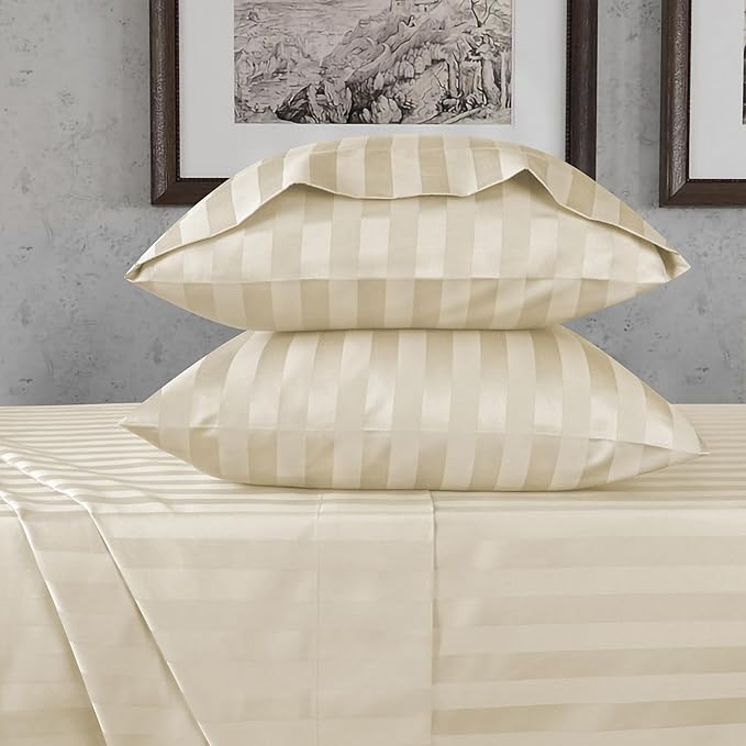 URBANHUT 800 Thread Count 100% Cotton Damask King Size Sheets, 4 Piece Striped King Size Bedsheets, Luxury Hotel Sheets Sateen Weave - Better Than Egyptian, 16" Elasticized Deep Pocket- Ivory