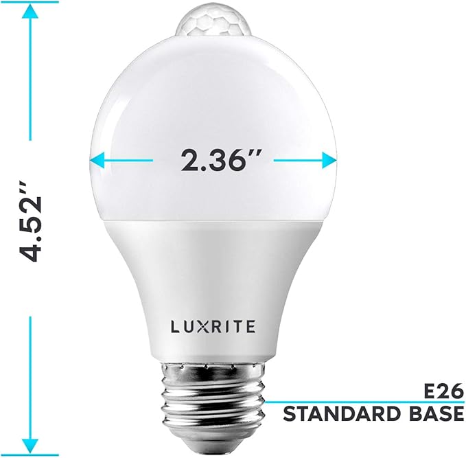LUXRITE A19 LED Motion Sensor Light Bulbs, 60W Equivalent, Motion Activated Dusk to Dawn Sensor, 3000K Soft White, 800 Lumens, Security Light Bulb, Indoor/Outdoor, UL Listed, E26 Base (2 Pack)