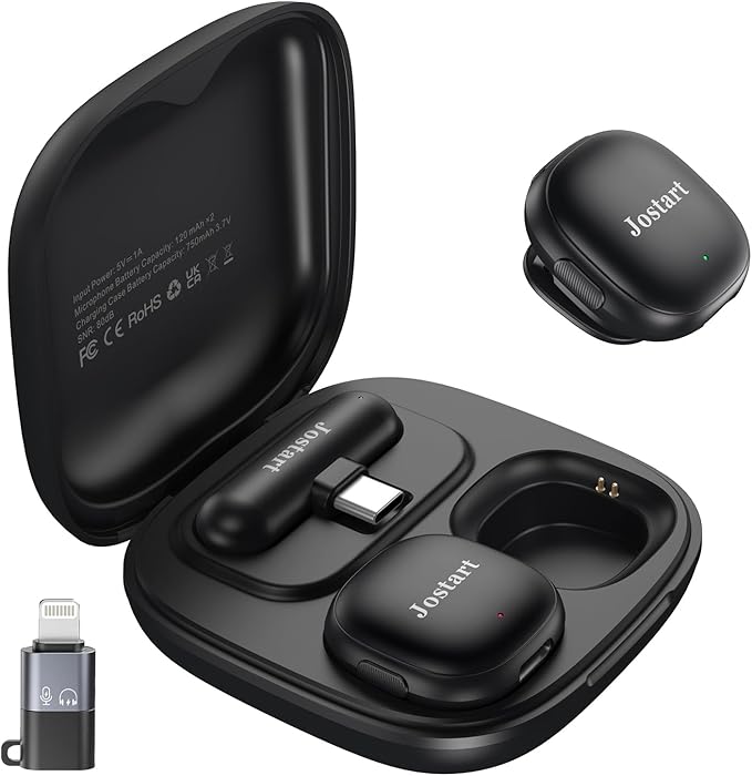 JOSTART Wireless Mini Microphone for iPhone & Android,Using AI Smart Noise Reduction Technology - Wireless Lavalier Microphone for YouTube Podcast Vlogging Tiktok-Black