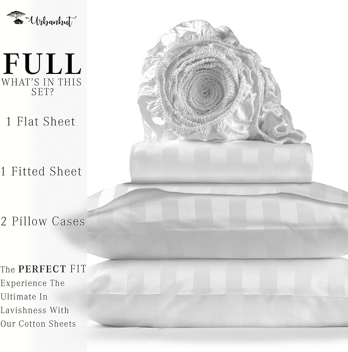 URBANHUT 800 Thread Count 100% Cotton Damask Full Size Sheets, 4 Piece Striped Full Size Bedsheets, Luxury Hotel Sheets Sateen Weave - Better Than Egyptian, 16" Elasticized Deep Pocket- White