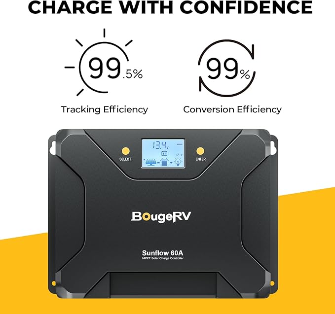 BougeRV Sunflow MPPT Solar Charge Controller 60A, w/Low-Temp Cut-Off, APP Control, Backlit LCD, 60 Amp Solar Panel Regulator 12V/24V for LiFePO4, SLD, Gel, FLD, AGM Battery, RV, Marine, Upgraded