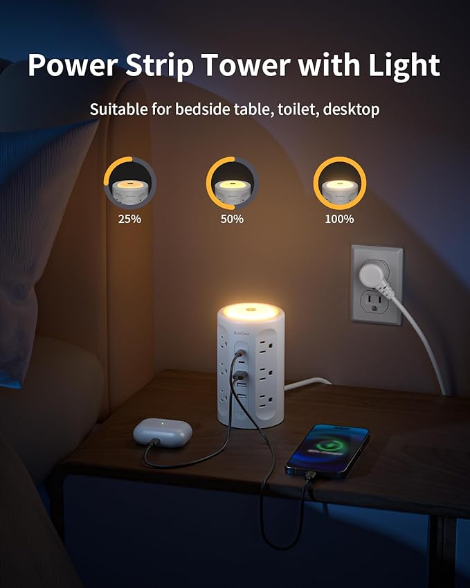 AnnTane Power Strip Tower with Night Light, 15W Surge Protector Power Strip with USB Ports, 10 FT Extension Cord with Multiple Outlets (12AC+3A+2C) for Home Office Desk DormRoom (White)