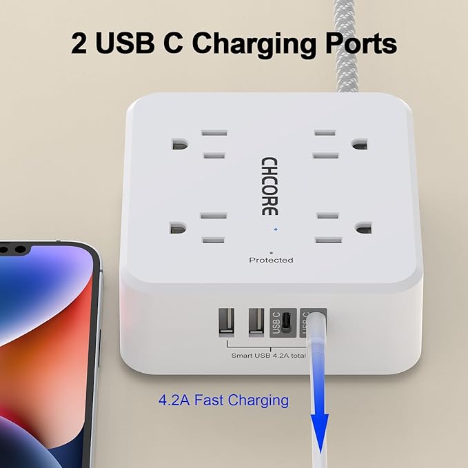 Surge Protector Power Strip - CHCORE 20Ft Braided Extension Cord with 8 Outlets with 4 USB (2 USB C) Charging Ports, Flat Plug Multi Plug Outlet Extender Charging Station for Home Office, ETL, White