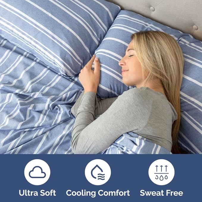 Full XL Bed Sheet Set - 4 Piece Extra Long Extended Full XL Sheets - Soft, Breathable & Cooling - Fits 8" to 16" Mattress with Deep Pockets - 54" x 80" - Wrinkle and Fade Resistant - Blue Stripes 3