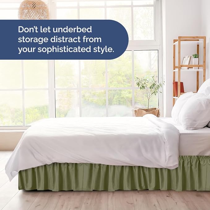 Wrap Around Dust Ruffle Bed Skirt - Sage Green - for Queen Size Beds w/ 16 Inch Drop - Easy Fit Elastic Strap - Adjustable Pleated Bedskirt with Brushed Fabric, Wrinkle Free Women, Men, Kids and Teens