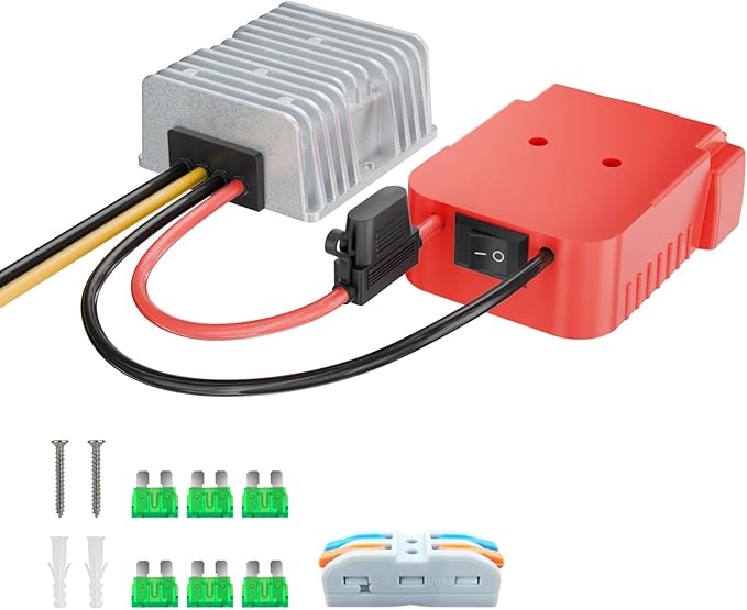18V to 12V Step Down Converter Aadpter Compatible with Milwaukee M18 Batteries, DC 12 Voltage Battery Power Adapter, 20A 240W Buck Converter Regulator,with Over Discharge Protection, Switch and Fuse.