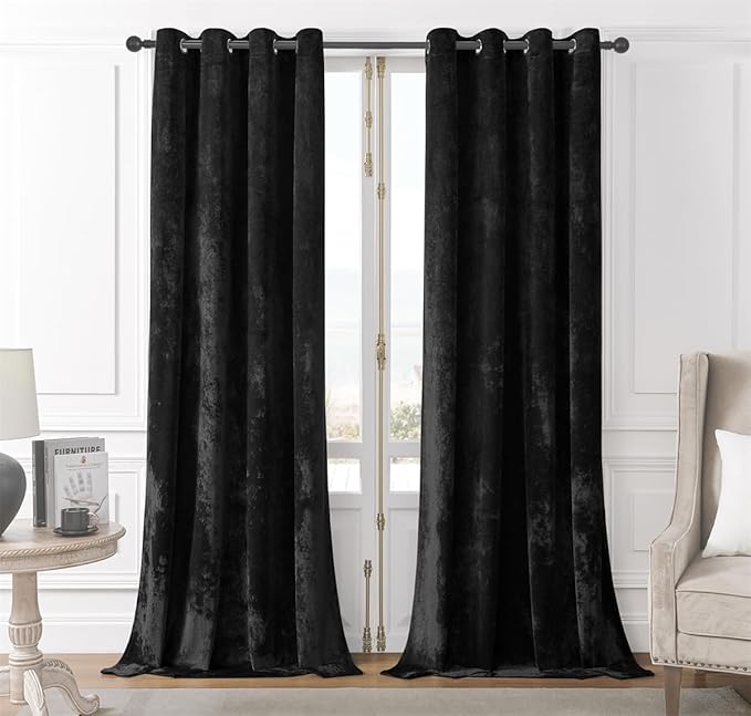 SMILETIME Black Crushed Velvet Curtains 52x108 inch Luxurious Thermal Insulated Soundproof Drapes for Living Room Bedroom Office Soft and Durable Light-Filtering Window Treatments, 2 Panels