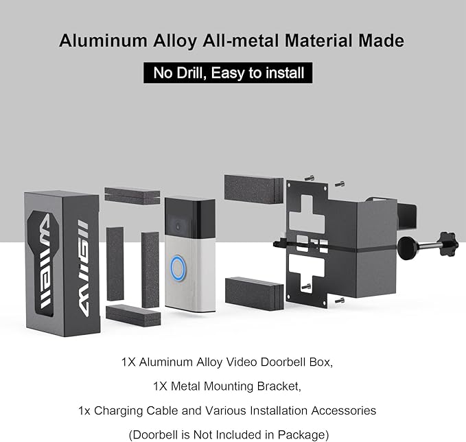 Anti Theft Ring Doorbell Mount, All Metal Ring Camera Door Mount Upgrade with Charging Port, No Drill Ring Doorbell Holder for Home Apartment Door, Compatible with Ring / Blink Video Doorbell