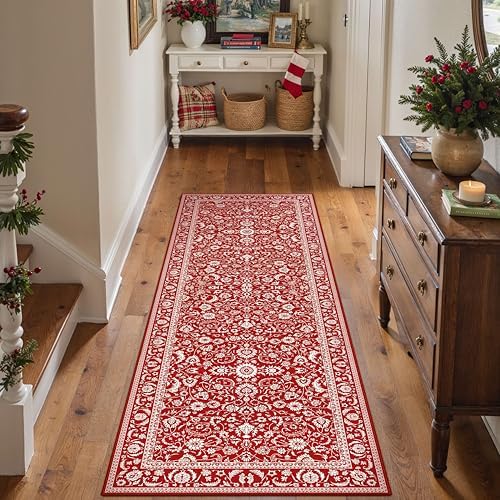HUGEAR 2x6 Christmas Red Floral Washable Runner Rug for Hallway by HUGEAR