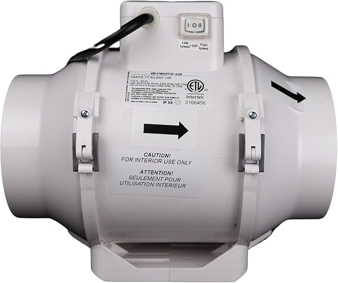 VENTS-US TT Silent 125-5" Inline Duct Fan, 199 CFM, 2-Speed Built-In Switch, For High Static Pressure Duct Applications