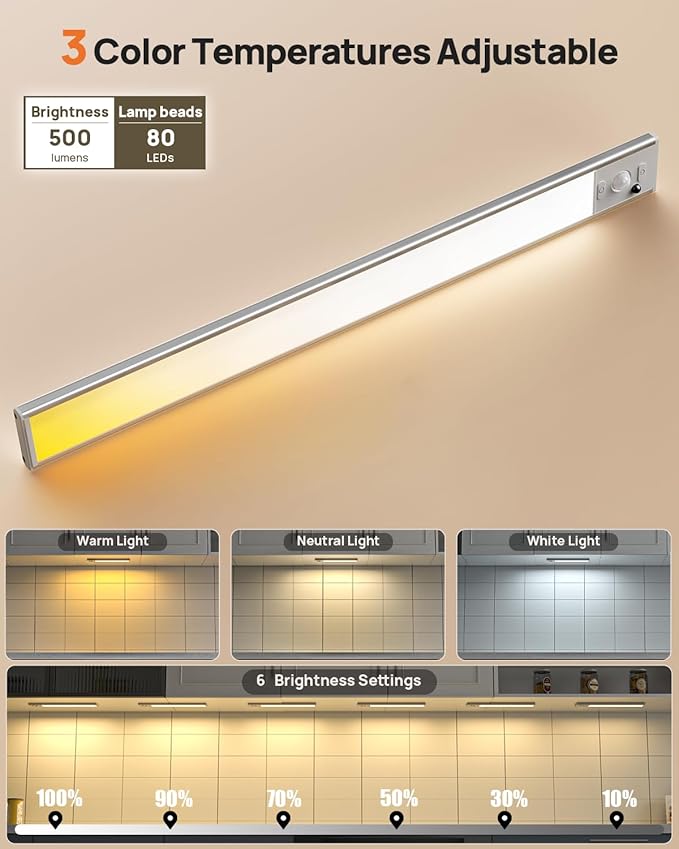 16in Under Cabinet Lighting with Remote, 160 LED Motion Sensor Light Indoor, 4000mAh USB Rechargeable Closet Lights, 3 Color Temps Wireless Under Counter Lights for Kitchen, Pantry, Stair, 2 Pack