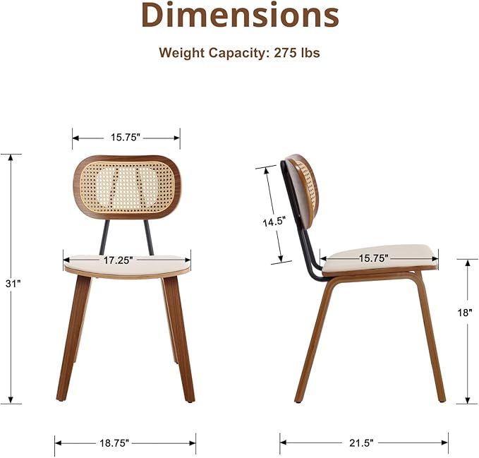 HEAH-YO Modern Dining Chairs Set of 2, Upholstered Faux Leather Dining Room Chairs with Rattan Backrests and Wood Legs, Armless Kitchen Chairs for Dining Room, Beige