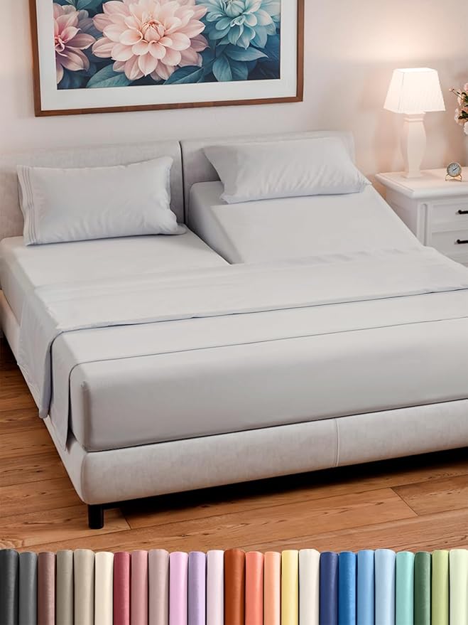 Split Head King Sheet Set – 4 Piece Flex Split Top King Sheets for Adjustable Beds - Fits 14” to 16" Mattress w/ Deep Pockets - Soft, Breathable & Cooling - Luxury Bedding & Wrinkle Free - French Grey