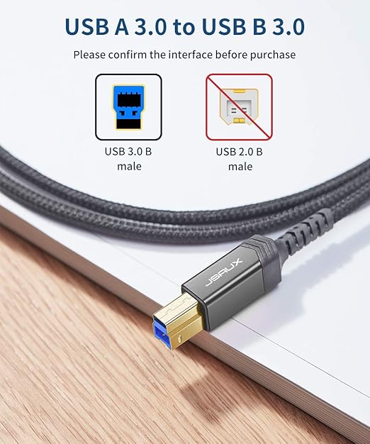 JSAUX USB 3.0 Printer Cable, Type A Male to B 3.0 Male (6.6ft/2M) USB 3.0 Type B Upstream Cord Nylon Braided Compatible with Docking Station, External Hard Drivers, Scanner, Printer and More(Grey)