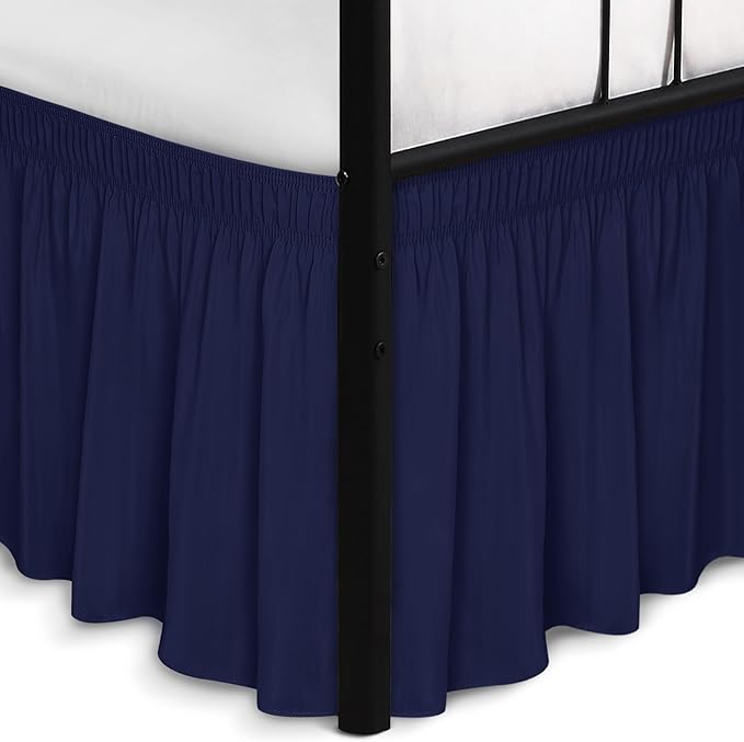 Biscaynebay Wrap Around Bed Skirts with Split Corners for Queen Beds 15" Drop, Navy Adjustable Elastic Dust Ruffles Easy Fit Wrinkle Resistant Silky Luxurious Fabric Machine Washable