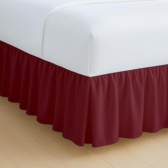 Rajlinen Ruffled Bed Skirt Full, 18 Inch Drop Dust Ruffle with Split Corners, 100% Microfiber Bedskirt with Platform, Three-Sided Coverage Ruffled Gathering Design, Burgundy