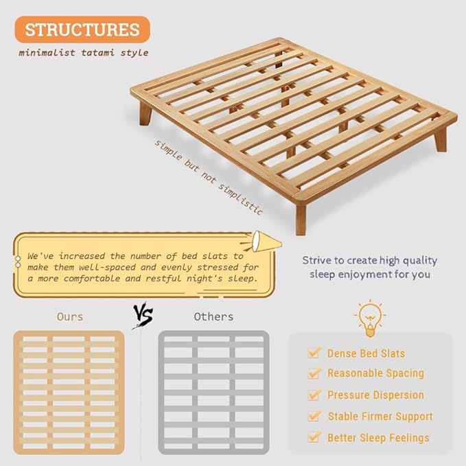 California-King Platform Bed Base - 14 Inch Solid Wood Mattress Foundation with Support Slats and Legs, California King Size Rubberwood Simple Bed Frame