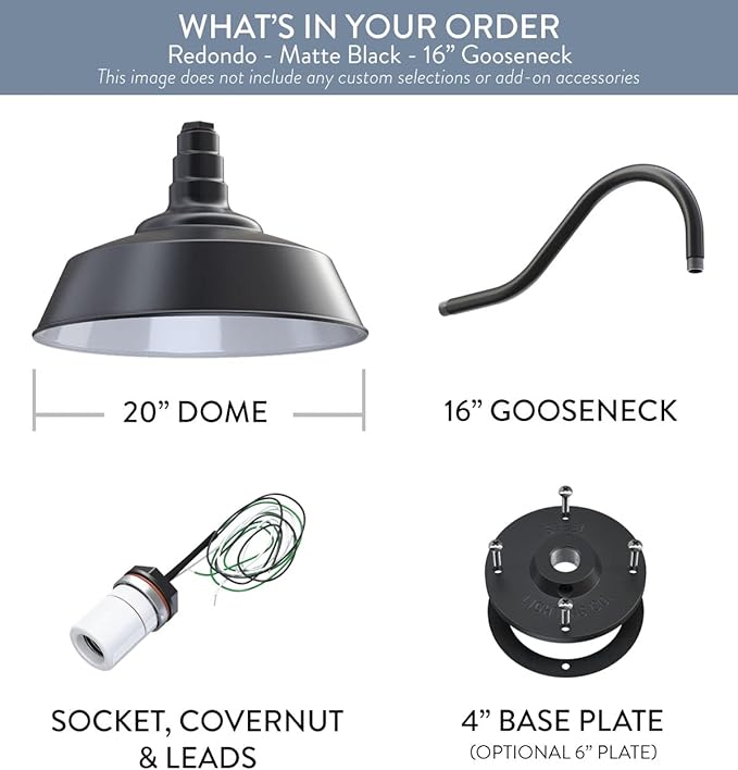 Steel Lighting Co. Large Outdoor Barn Light | Gooseneck Light Fixture | Made in America from 18-Gauge Steel | 20" Dome | 16" Gooseneck Matte Black Exterior/White Interior
