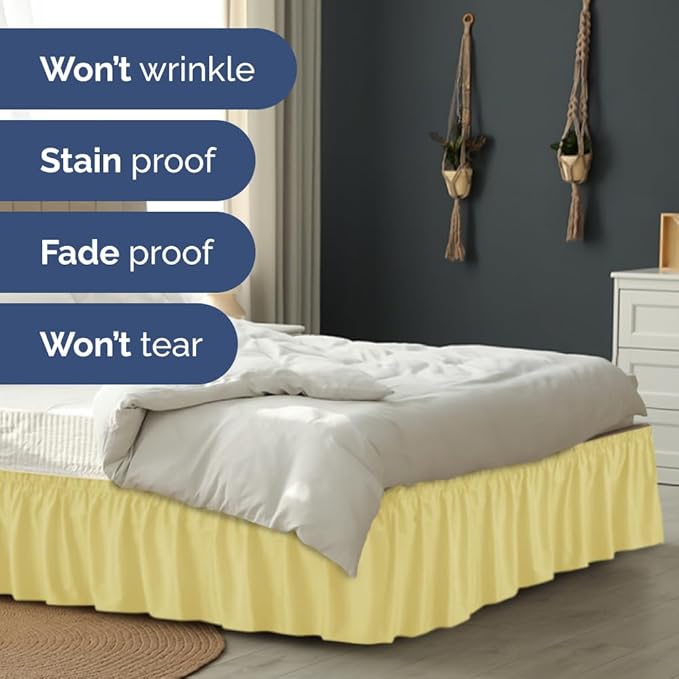 Wrap Around Dust Ruffle Bed Skirt - Yellow - for Queen Size Beds with 24 Inch Drop - Easy Fit Elastic Strap - Adjustable Pleated Bedskirt w/Brushed Fabric Wrinkle Free - for Women, Men, Kids & Teens