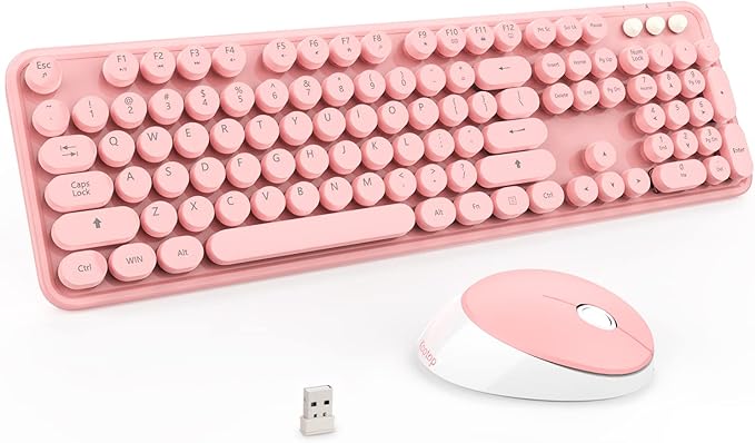 Kootop Wireless Keyboard, Cute Colorful 104 Keys Typewriter Retro Round Keycaps Keyboard for PC Laptop,Desktop,Windows, Home and Office Keyboards (Pink)